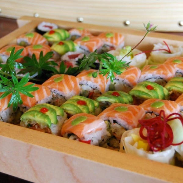 a box filled with lots of food on a table