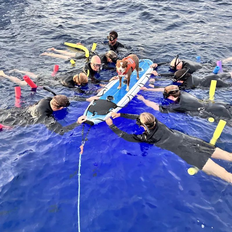 a group of people on a raft in the water