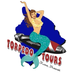Mermaid on torpedo illustration with text 'Torpedo Tours, Kona, Hawaii'.