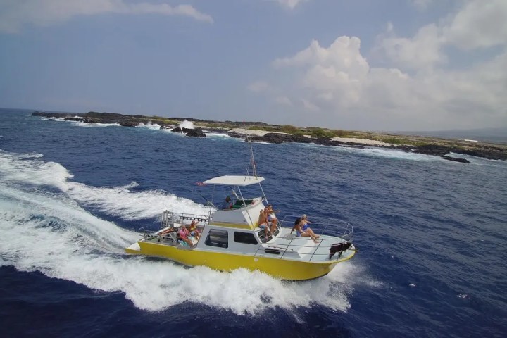A yellow motorboat speeding on the ocean near a rocky coastline under a cloudy sky.